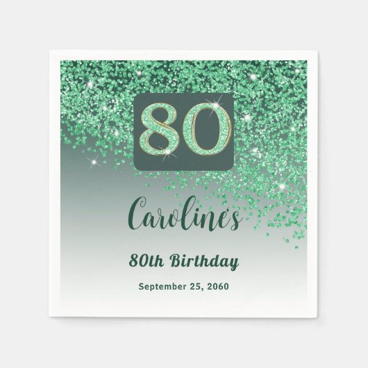 80誕生日かわいらしグリーングリッター スタンダードカクテルナプキン (正面)