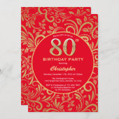 80誕生日の赤と金ゴールドの花柄 招待状 (正面/裏面)