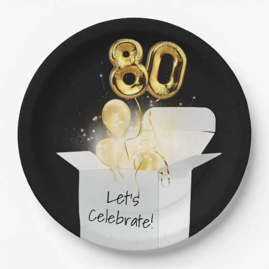80誕生日の金ゴールドバルーン（白） ペーパープレート (正面)