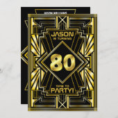 80誕生日アールデコ金ゴールドブラック素晴らしギャツビー 招待状 (正面/裏面)