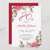 80誕生日エレガントフローラピンクレッドカスタムパーティー 招待状 (正面/裏面)