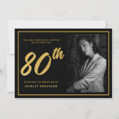 80誕生日エレガント写真黒フェイク金ゴールド葉 招待状 (正面)