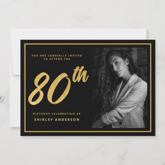80誕生日エレガント写真黒フェイク金ゴールド葉 招待状 (正面)