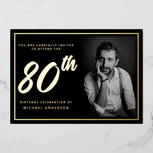 80誕生日エレガント写真黒金ゴールド 箔招待状 (正面)