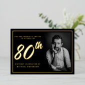 80誕生日エレガント写真黒金ゴールド 箔招待状 (立ち正面)