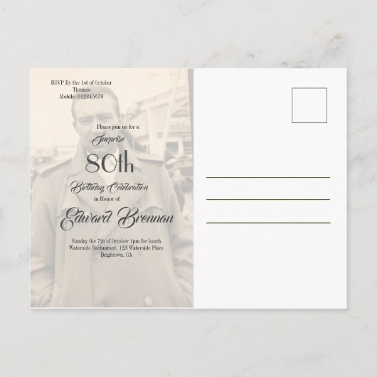 80誕生日エレガント男性モノグラム写真 インビテーションポストカード (裏面)