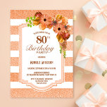 80誕生日オレンジストライプのフローラパーティー 招待状<br><div class="desc">オレンジフェイクグリッターストライプのフローラ80th birthday party invitation.</div>