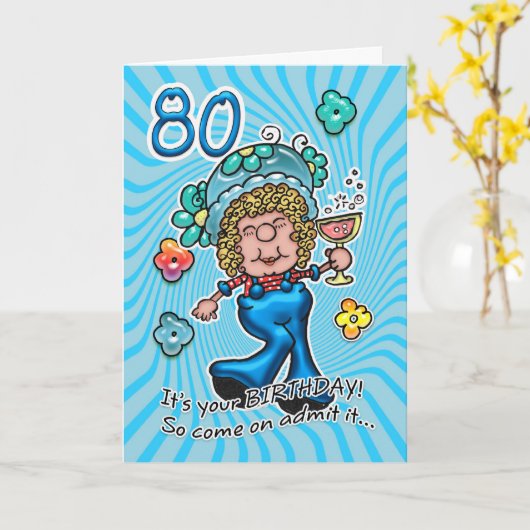 80誕生日カード – ワインのグラスとおもしろいレディ カード (黄色い花)