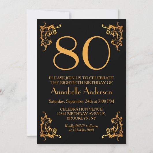 80誕生日グラムモダン金ゴールドブラックヴィンテージレトロ 招待状 (正面)
