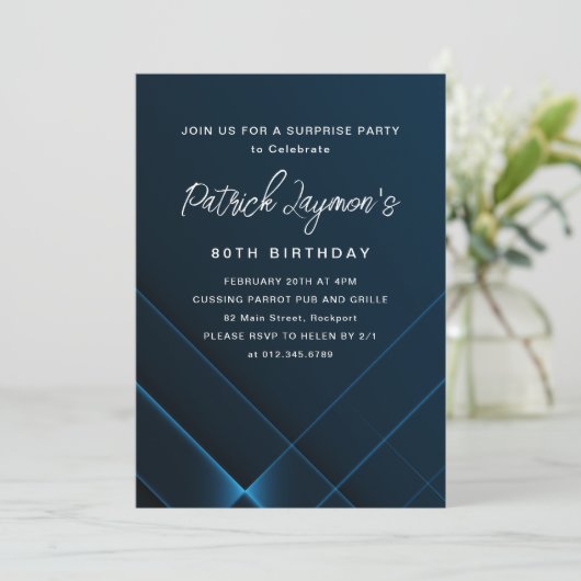 80誕生日サプライズパーティーダークブルー幾何学模様 招待状 (スタンド正面)