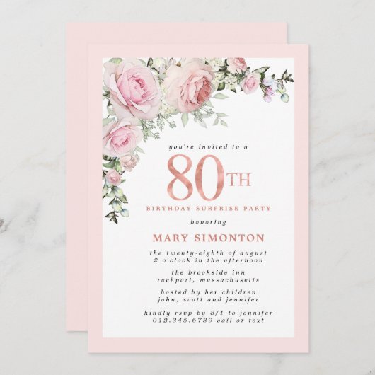 80誕生日サプライズパーティー赤面ピンクフローラ 招待状 (正面/裏面)