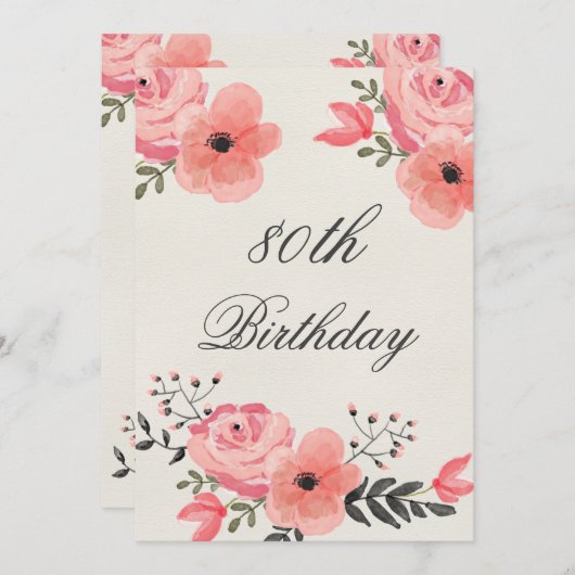 80誕生日シックな水彩花 招待状 (正面/裏面)