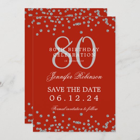 80誕生日シルバーデ救ート紙吹雪赤 招待状 (正面/裏面)