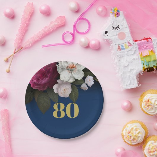 80誕生日ダークブルーエレガントフローラ八十 ペーパープレート (パーティー)