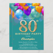 80誕生日ティール（緑がかった色）と金ゴールド吹カラフルき出し 招待状 (正面/裏面)