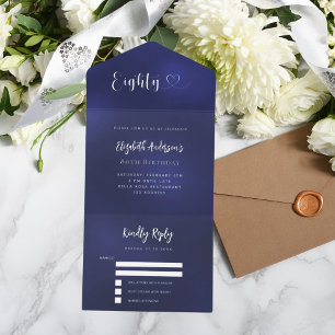 80誕生日ネイビーブルーシルバーrsvp オールインワン招待状