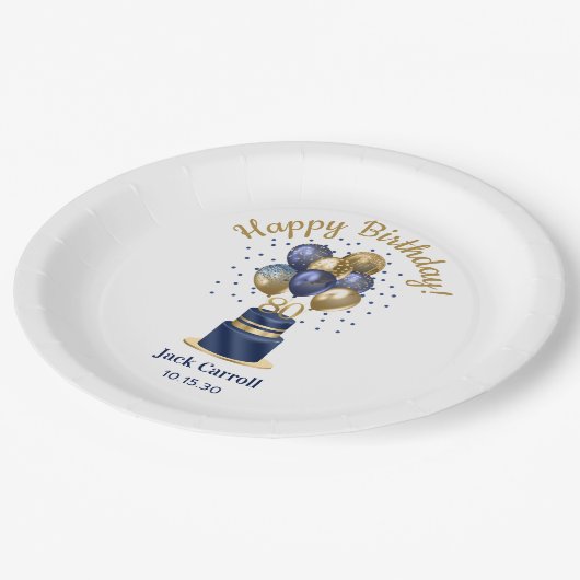 80誕生日ネイビーブルーバルーンケーキ ペーパープレート (アングル)