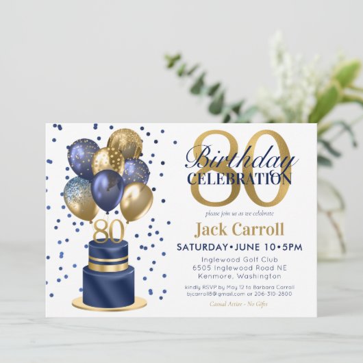 80誕生日ネイビーブルーバルーンケーキ 招待状 (スタンド正面)