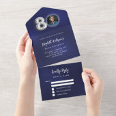 80誕生日ネイビーブルー銀写真rsvp オールインワン招待状 (貼ってはがせる)