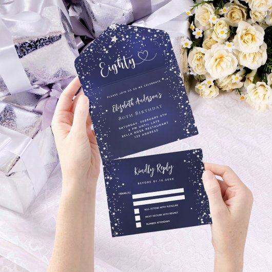 80誕生日ネイビーブルー銀星出展 オールインワン招待状