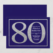 80誕生日ネイビーブルー&シルバーグリッター 招待状 (正面/裏面)