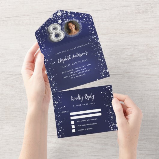80誕生日ネイビー青写真シルバースターズrsvp オールインワン招待状 (貼ってはがせる)