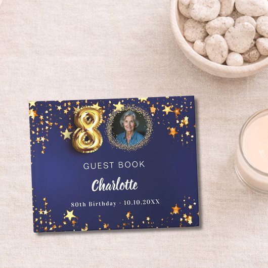 80誕生日ネイビー青金ゴールド星写真 ゲストブック