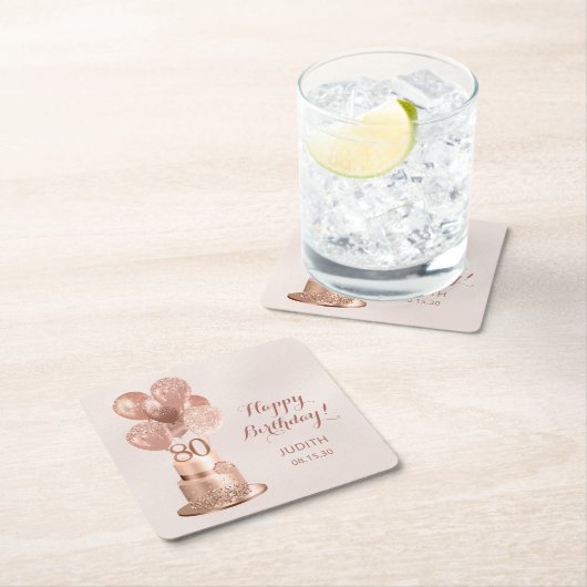 80誕生日バラ金ゴールドケーキ スクエアペーパーコースター (インサイチュ)