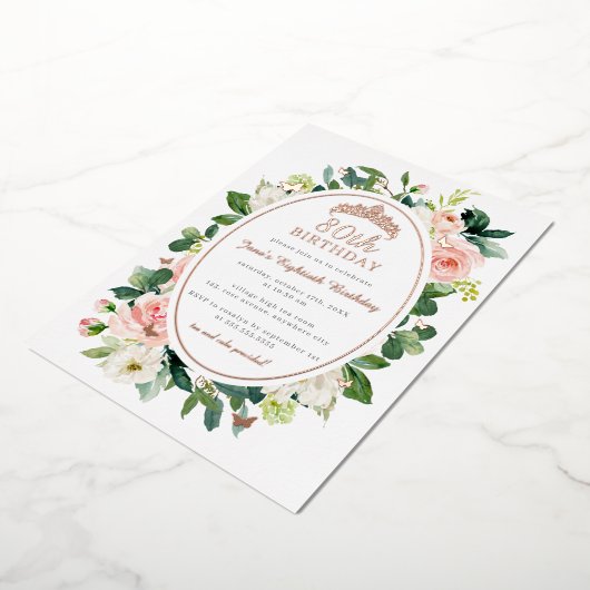 80誕生日バラ金ゴールドピンクバタフライフローラ 箔招待状 (回転した状態)