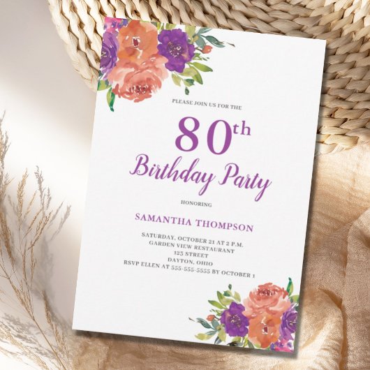 80誕生日パープルフローラ招待状 招待状