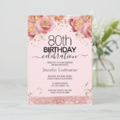 80誕生日ピンクグリッターフローラ招待状 招待状 (スタンド正面)