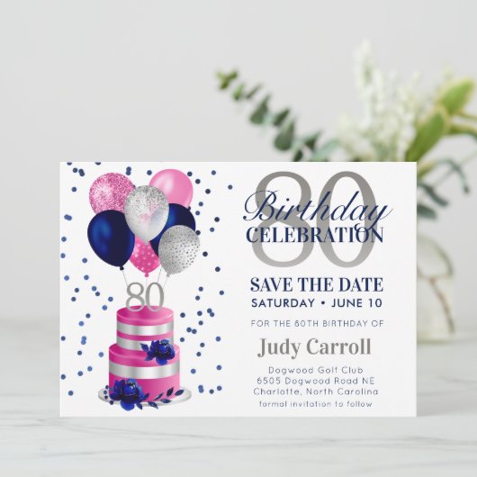 80誕生日ピンクケーキ日付を保存招待状 招待状 (スタンド正面)