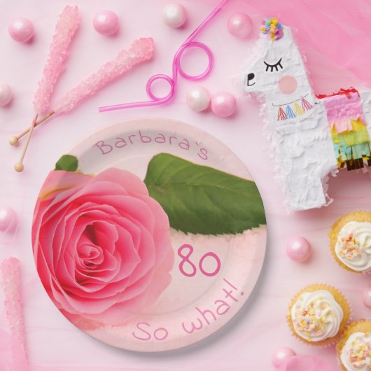 80誕生日ピンクローズ名前をカスタムする やる気を起こさせる ペーパープレート (パーティー)