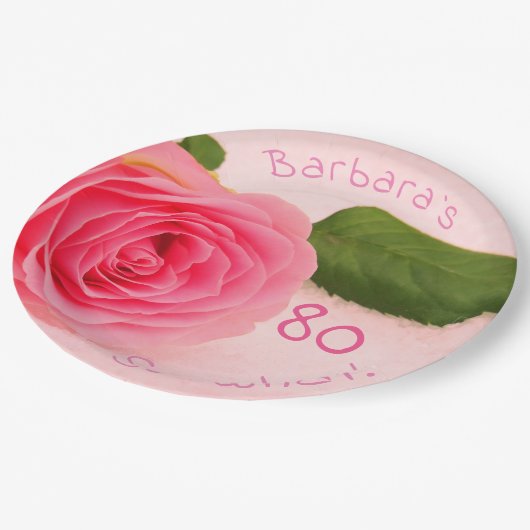 80誕生日ピンクローズ名前をカスタムする やる気を起こさせる ペーパープレート (アングル)