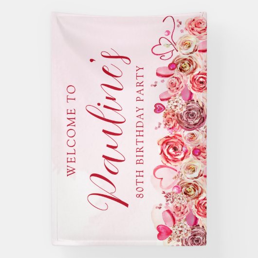 80誕生日ピンクローズ渦巻形のハート歓迎 横断幕 (縦)