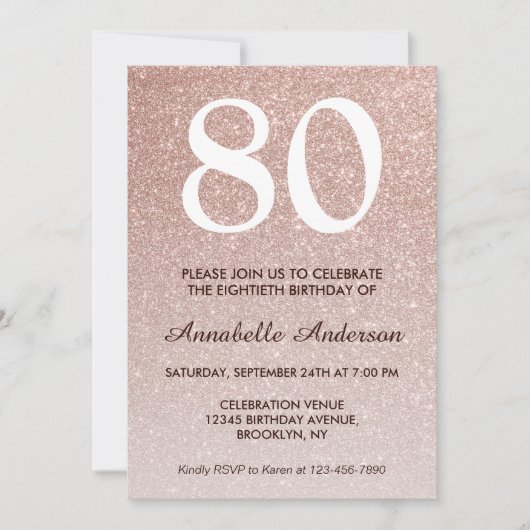80誕生日ピンクローズ金ゴールドグリッタースパークルグラデーション 招待状 (正面)