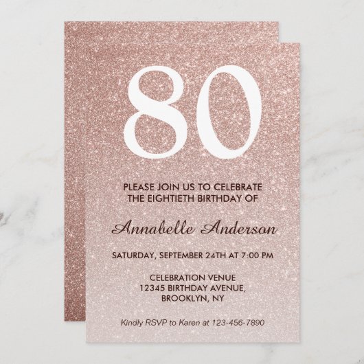 80誕生日ピンクローズ金ゴールドグリッタースパークルグラデーション 招待状 (正面/裏面)