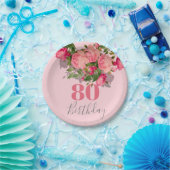 80誕生日ピンクローズ80エレガント番目 ペーパープレート (パーティー)