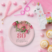 80誕生日ピンクローズ80エレガント番目 ペーパープレート (パーティー)