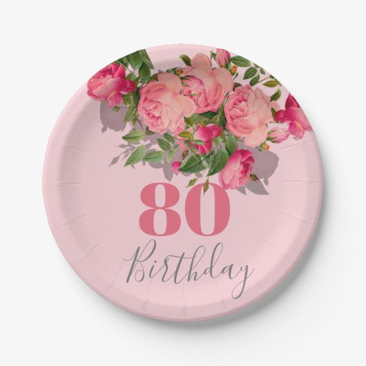 80誕生日ピンクローズ80エレガント番目 ペーパープレート (正面)