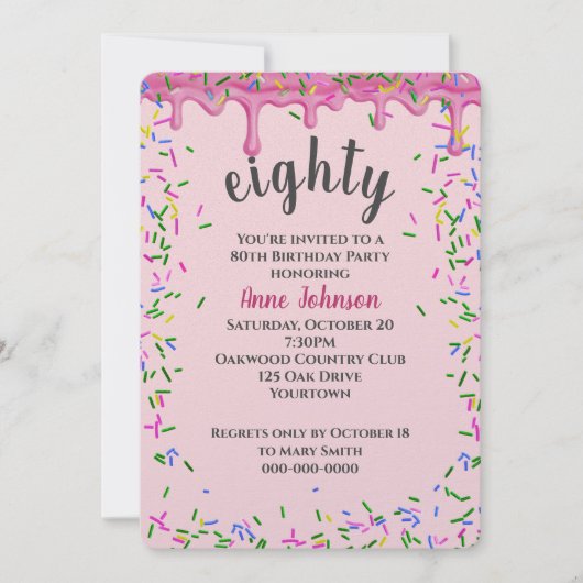 80誕生日ピンク色のアイシングと散水 招待状 (正面)