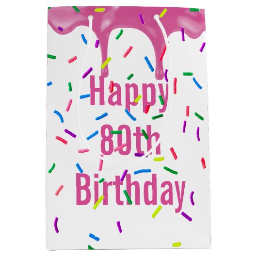 80誕生日ピンク色のアイシングに振りかける ミディアムペーパーバッグ (正面)