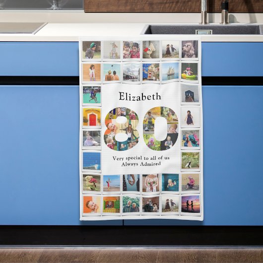 80誕生日ファミリーフォトコラージュテンプレート キッチンタオル