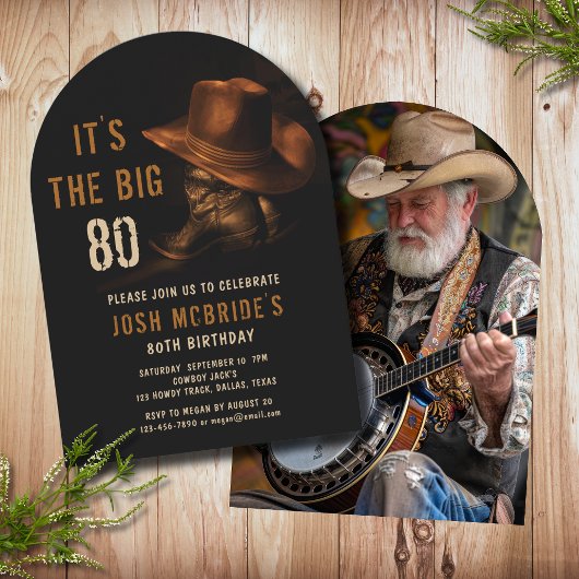 80誕生日フォトカウボーイ素朴ハットブーツ 招待状