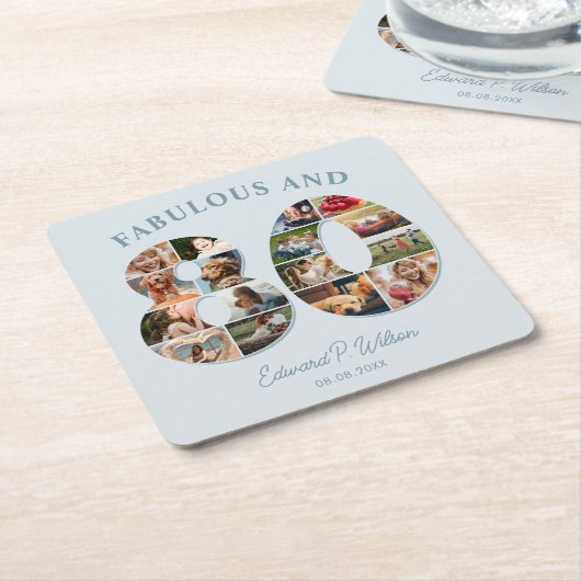 80誕生日フォトコラージュエレガントとタイムレス スクエアペーパーコースター (アングル)