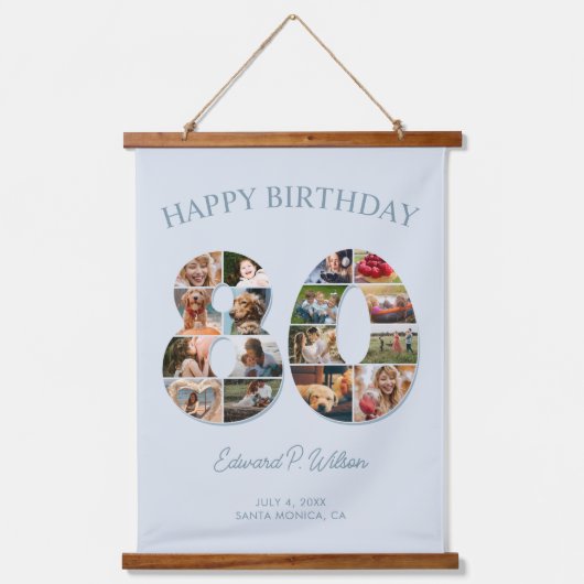 80誕生日フォトコラージュエレガントとタイムレス 吊り下げ型タペストリー (正面)