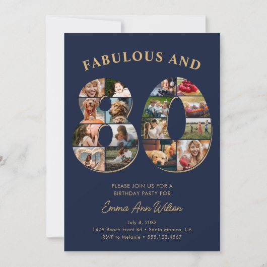80誕生日フォトコラージュエレガントとタイムレス 招待状 (正面)