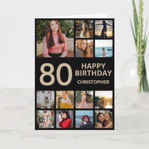 80誕生日フォトコラージュ13写真ブラック&金ゴールド カード