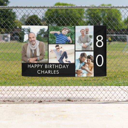 80誕生日フォトコラージュ5写真白黒 横断幕 (インサイチュ)