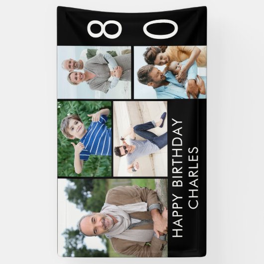 80誕生日フォトコラージュ5写真白黒 横断幕 (縦)